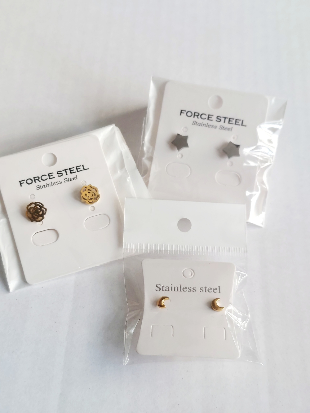 Force Steel Gold Flower and Moon Stainless Steel Stud Earring Set